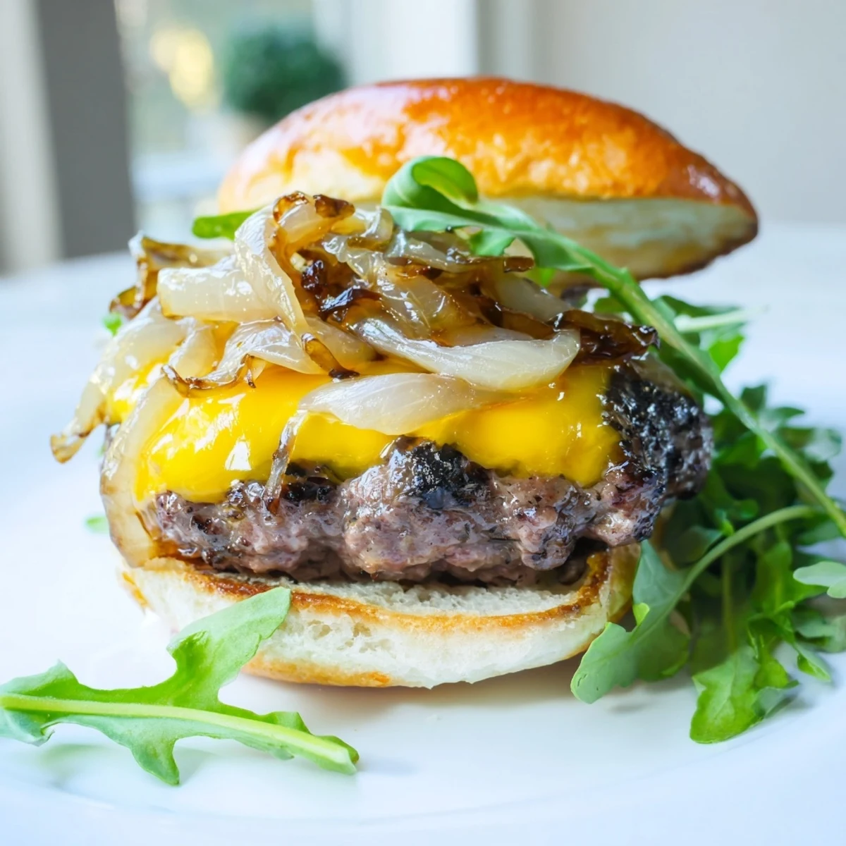 Golden caramelized onions top grilled beef sliders with melted cheddar on buns.