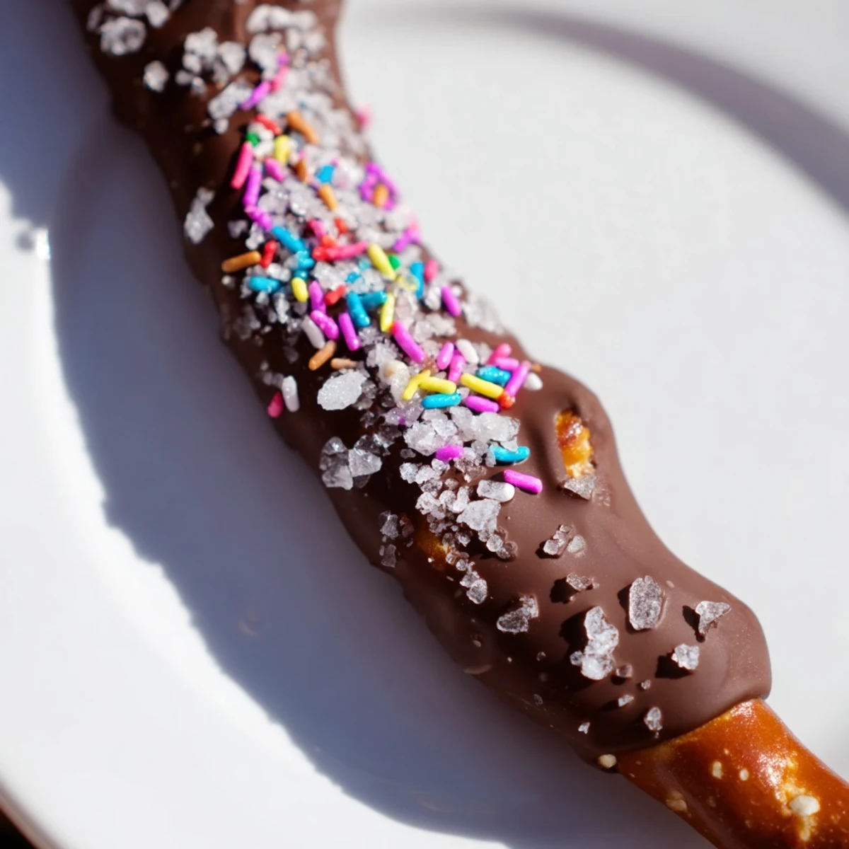 Homemade Chocolate Dipped Pretzels with Sea Salt and Sprinkles arranged on a platter for a party.