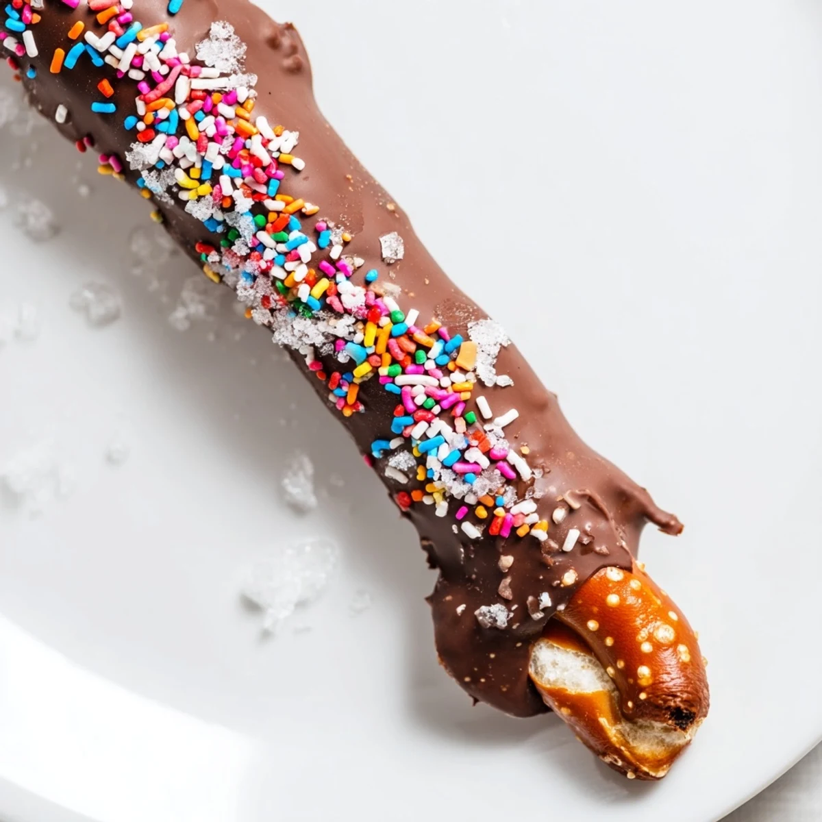 Thick pretzel rods coated in rich melted chocolate, finished with crunchy sprinkles and flaky sea salt.