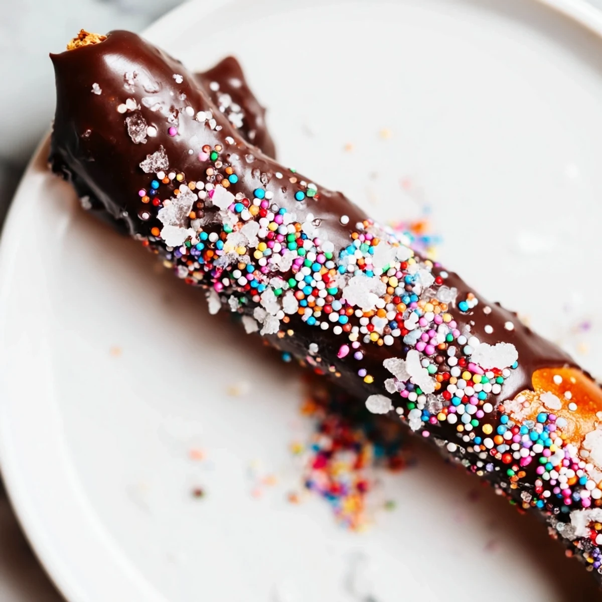 Easy Chocolate Dipped Pretzels with Sea Salt and Sprinkles stacked on a plate, ideal for gift bags.