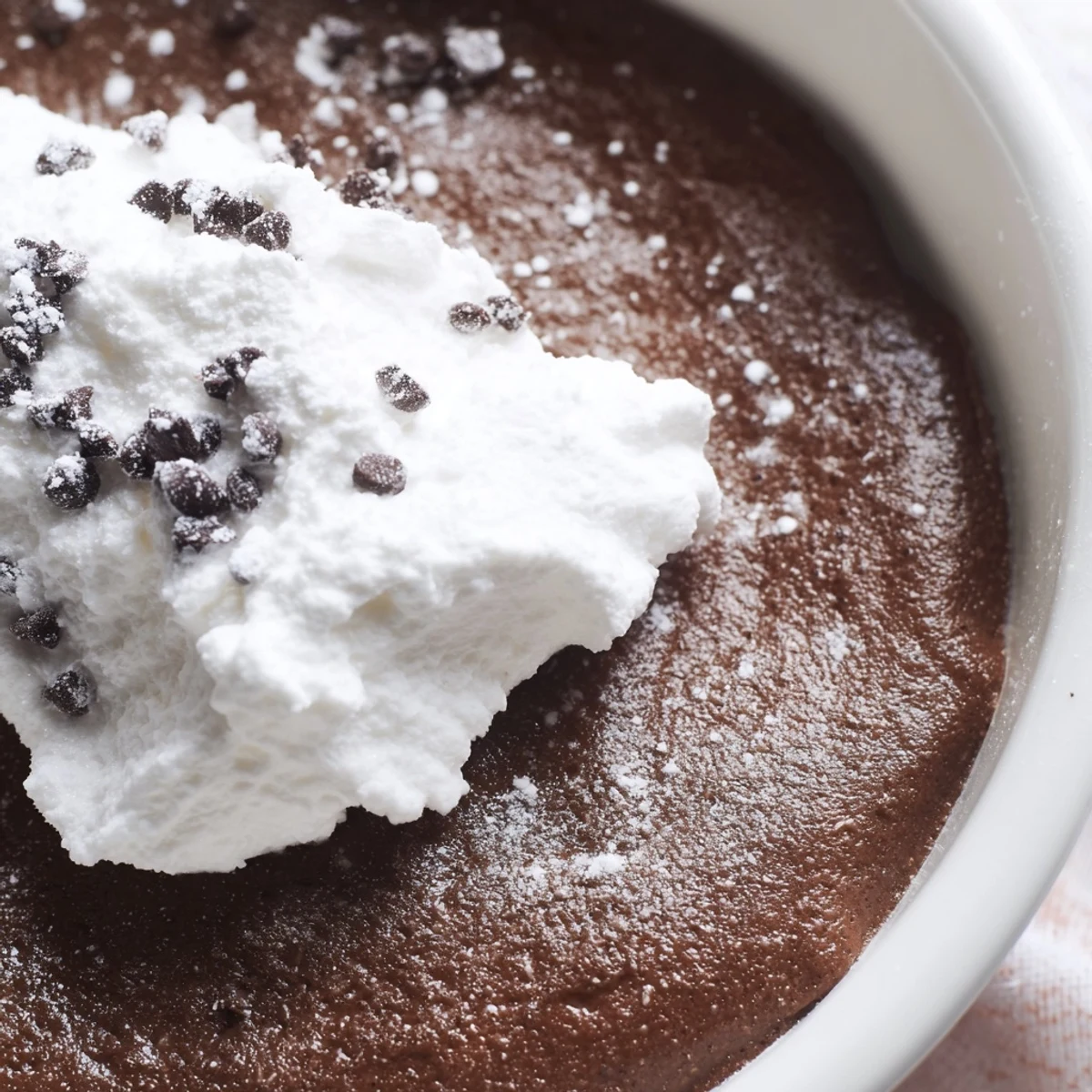 Creamy chocolate pudding with homemade whipped cream in a glass dish, ready to serve.