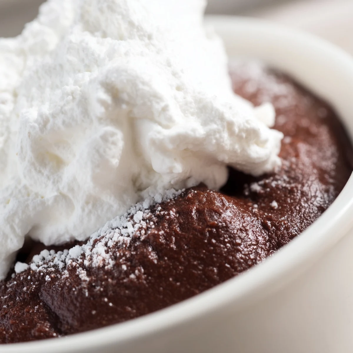 Rich chocolate pudding topped with fluffy homemade whipped cream and shaved chocolate garnish.