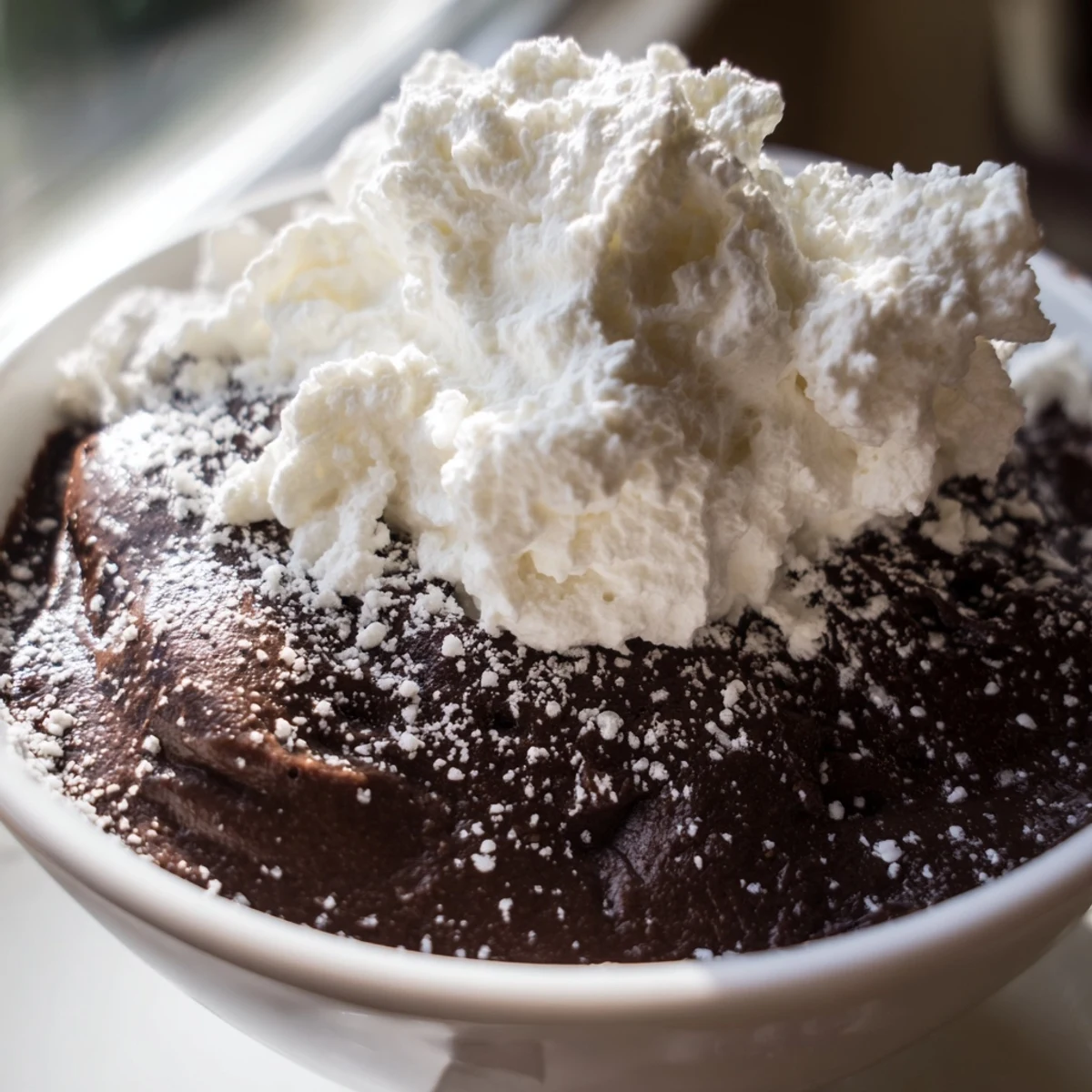 Chocolate pudding with homemade whipped cream paired with a spoon and fresh berries.
