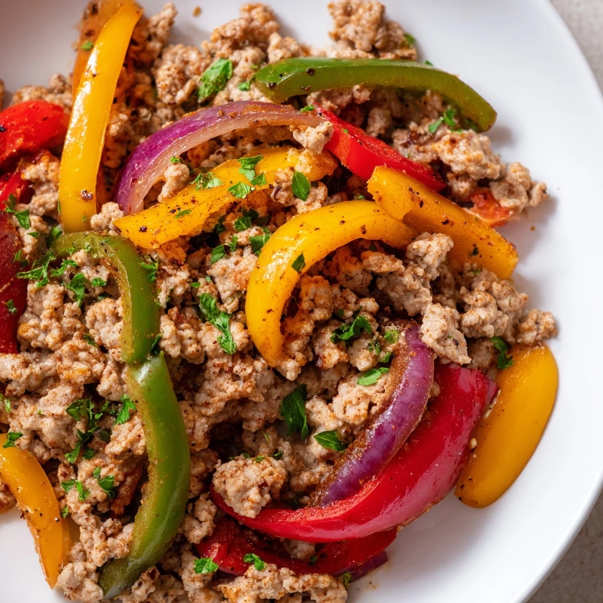 Hearty Turkey Skillet with Bell Peppers simmered in a stainless steel pan, colorful vegetables tender-crisp with lemon wedges on the side.
