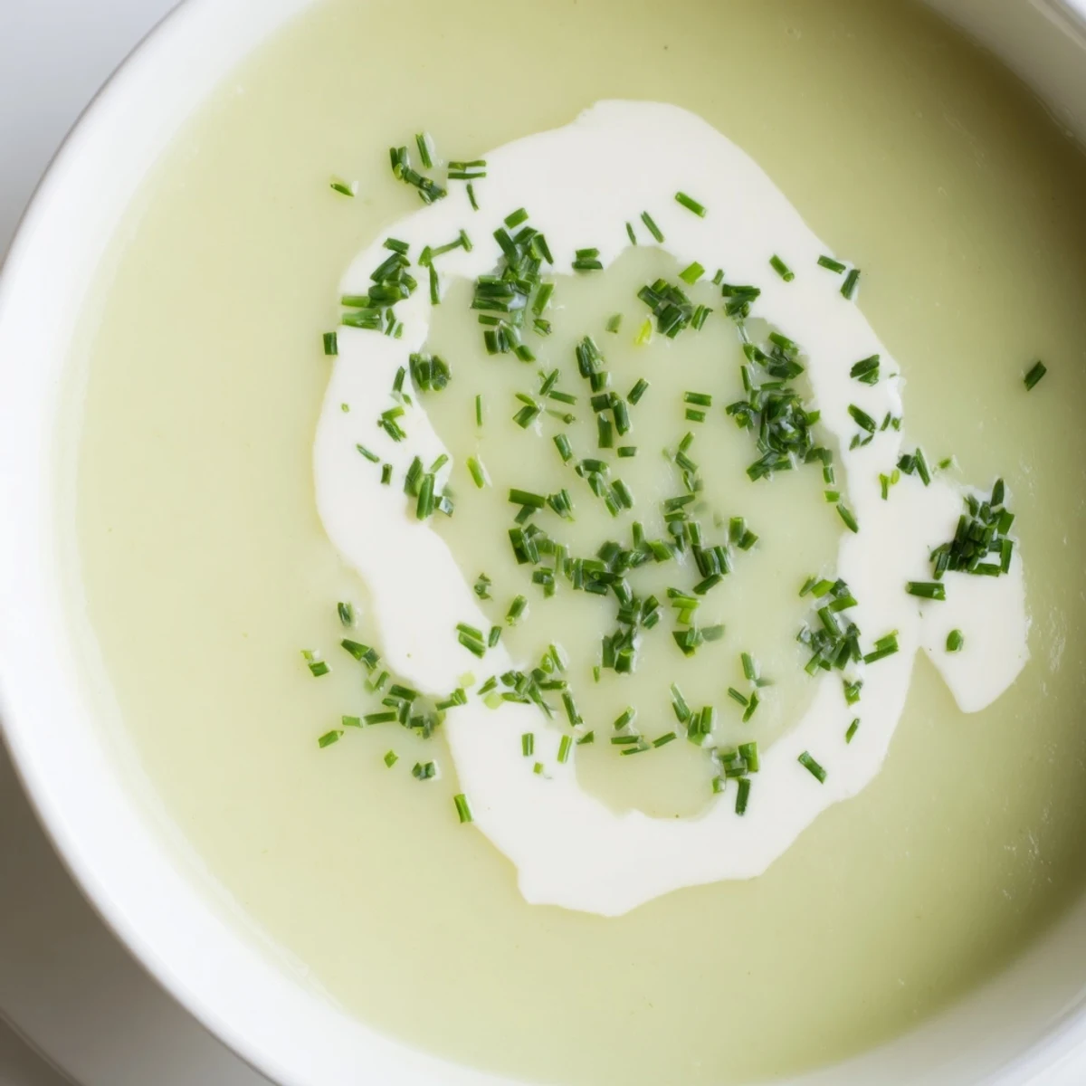 A warm bowl of Creamy Leek Soup with Diced Potatoes, topped with fresh chives and a swirl of heavy cream.