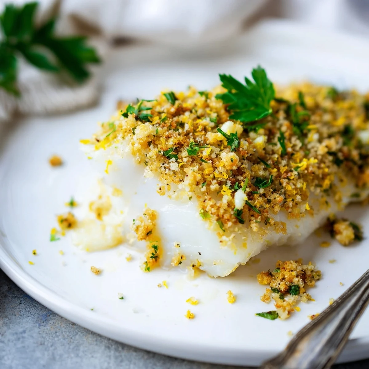 Perfectly baked haddock with butter breadcrumbs, served with fresh lemon wedges on a rustic plate.