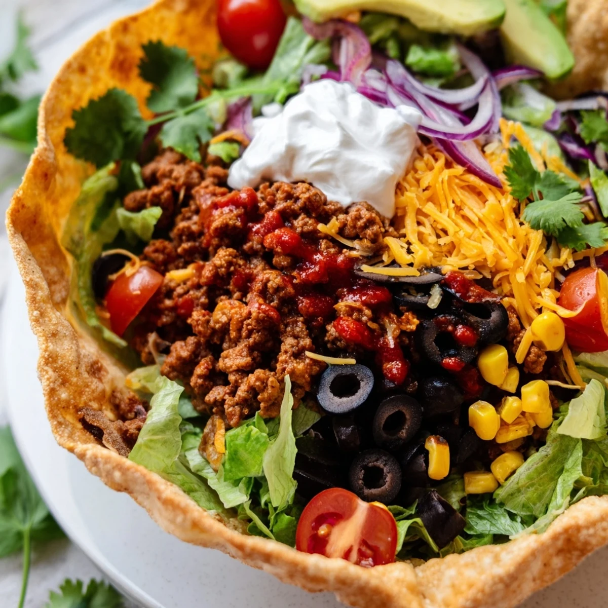 Golden homemade crispy shell filled with fresh romaine, cheddar cheese, and creamy avocado slices.