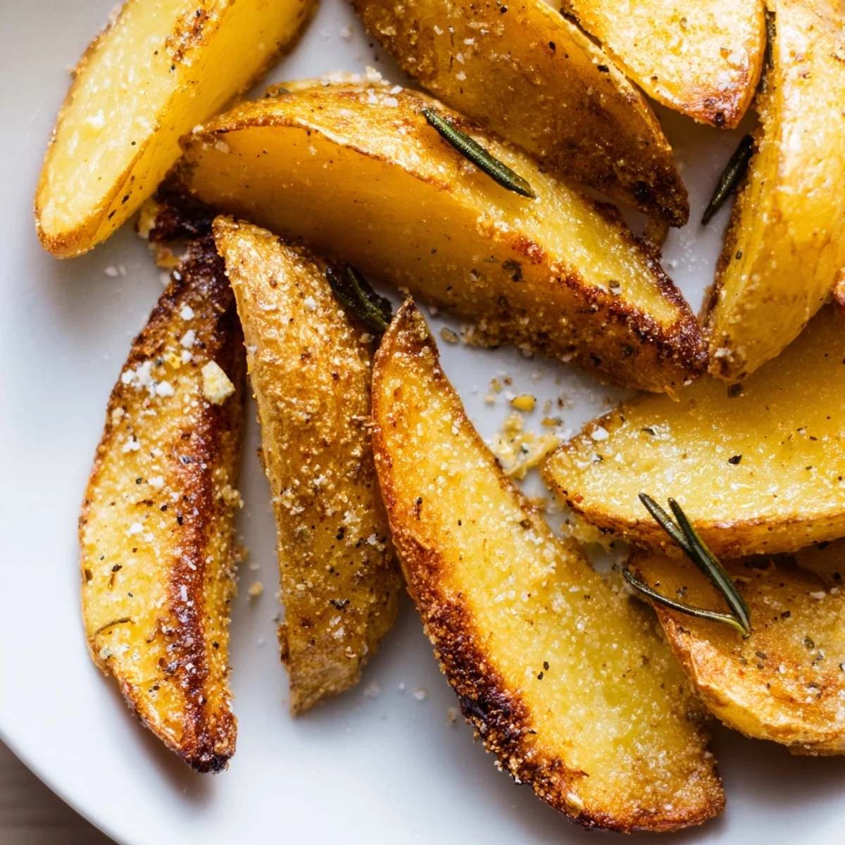 Golden-brown Lemon Potatoes with Fresh Rosemary garnished with lemon wedges on a rustic platter.