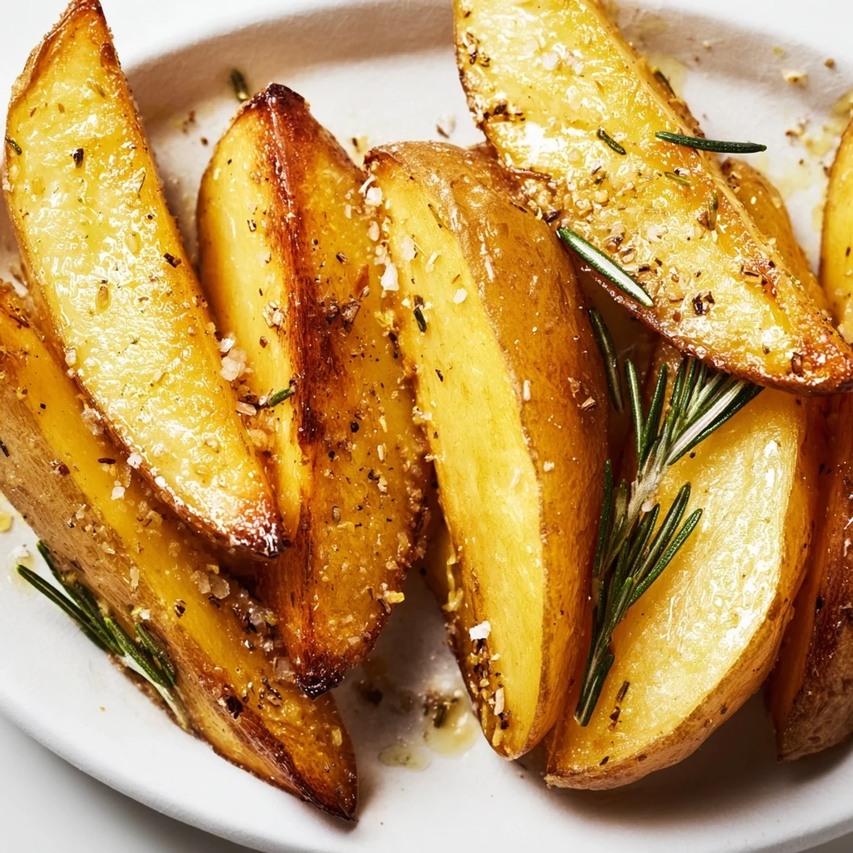 Serving platter of Lemon Potatoes with Fresh Rosemary alongside a vibrant green salad for dinner.
