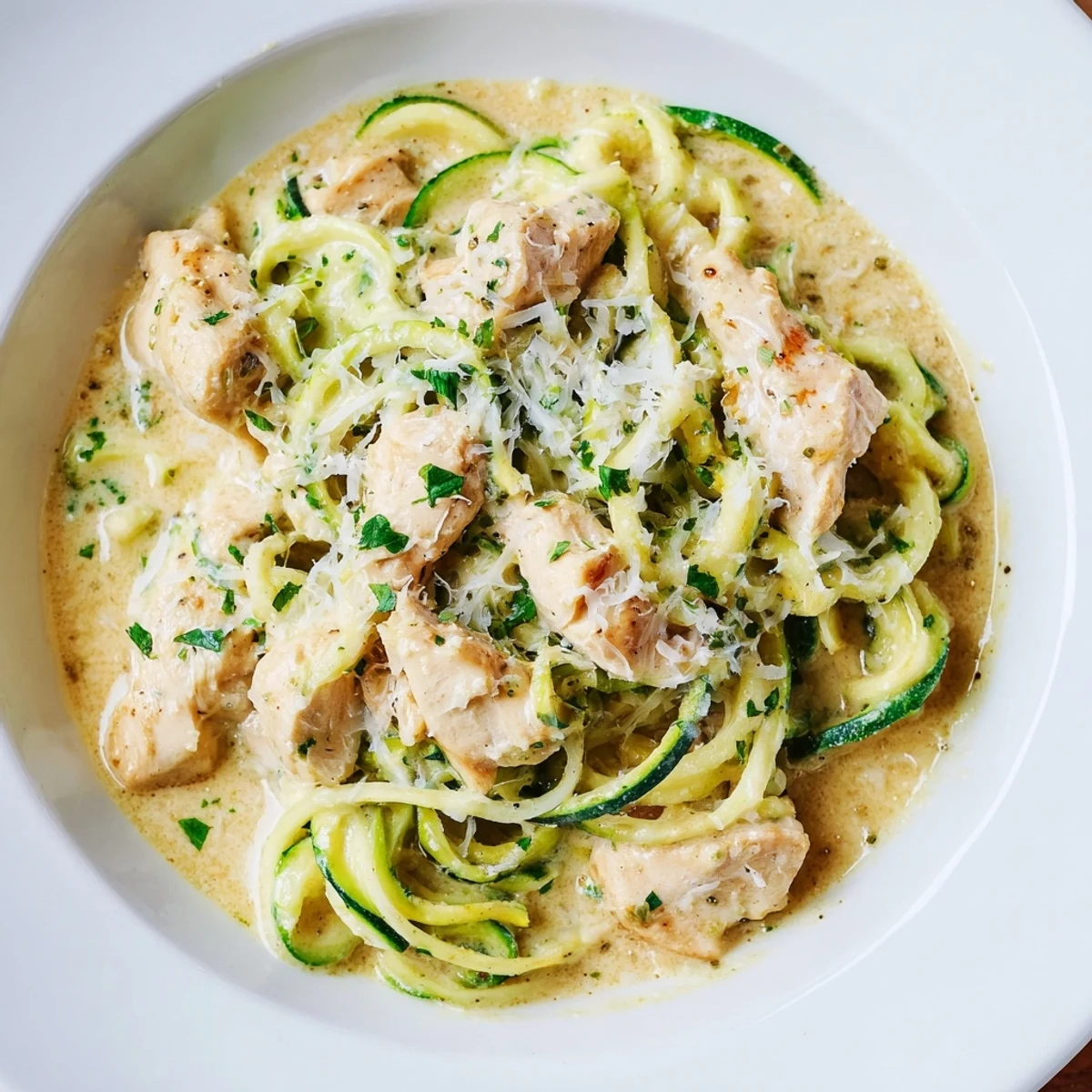 Golden seared chicken breast slices fanned over tender zucchini noodles coated in creamy Parmesan Alfredo sauce.  