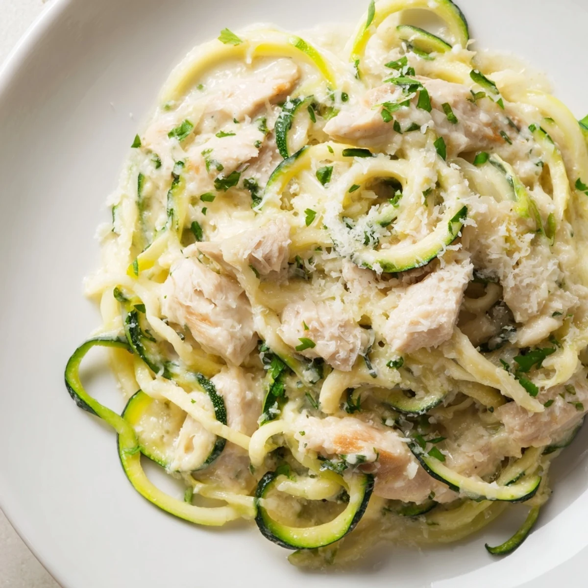Steaming plate of Chicken Alfredo with Zucchini Noodles featuring spiralized veggies and a velvety garlic cream sauce.