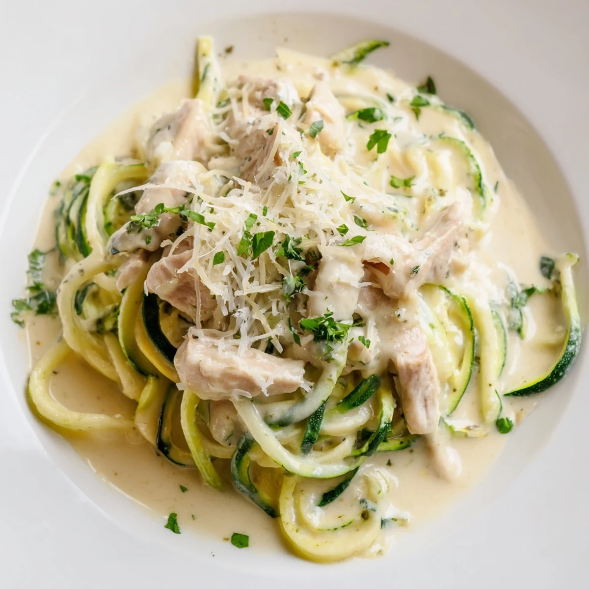 A rustic skillet showcases the low-carb Chicken Alfredo with Zucchini Noodles, garnished with fresh parsley.  