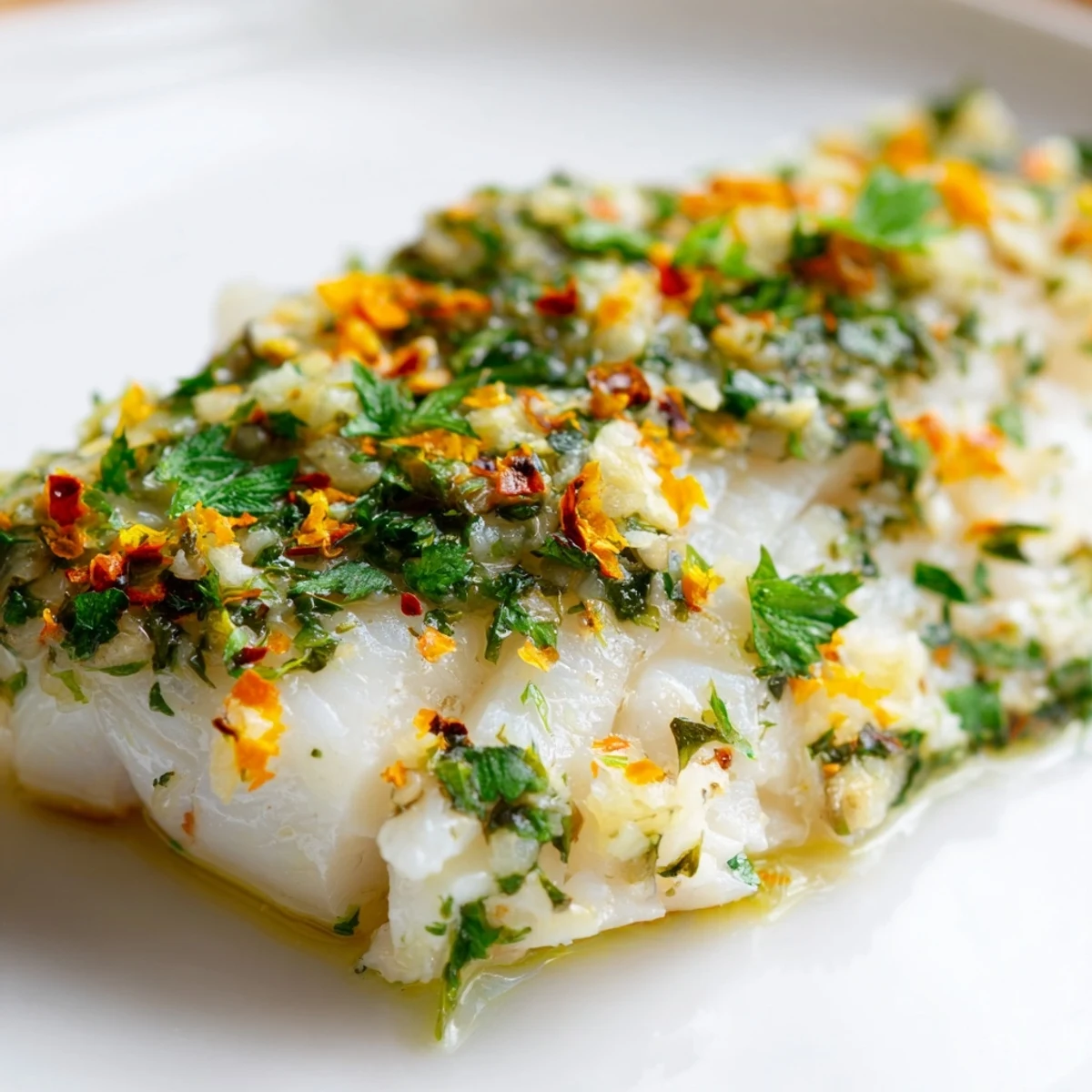 Flaky baked halibut fillets topped with a fragrant garlic herb butter glaze, served with bright lemon wedges on a white ceramic plate.