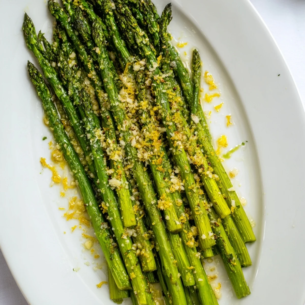 Oven roasted Lemon Garlic Roasted Asparagus with golden tips, parmesan cheese, and lemon zest served alongside grilled chicken for dinner.