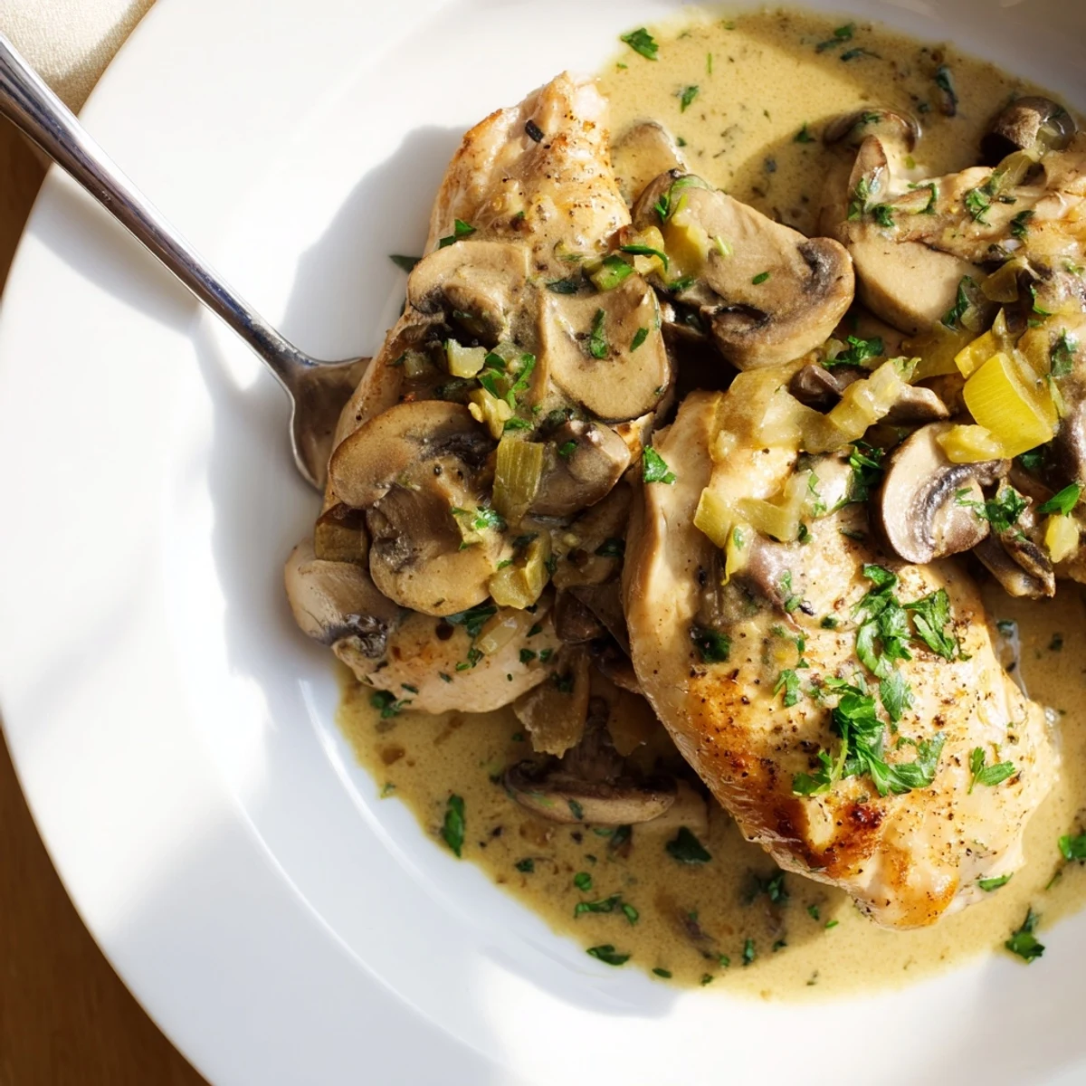 Golden-brown chicken breasts nestled in a creamy mushroom sauce with fresh parsley garnish.  
