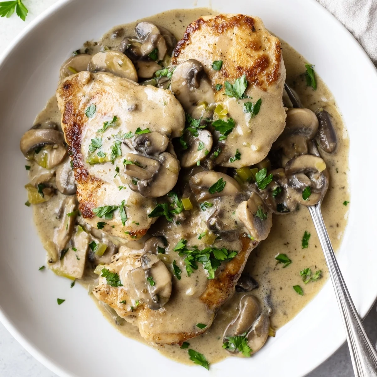 Perfectly seared Creamy Mushroom Chicken Skillet served hot in a rustic pan.  