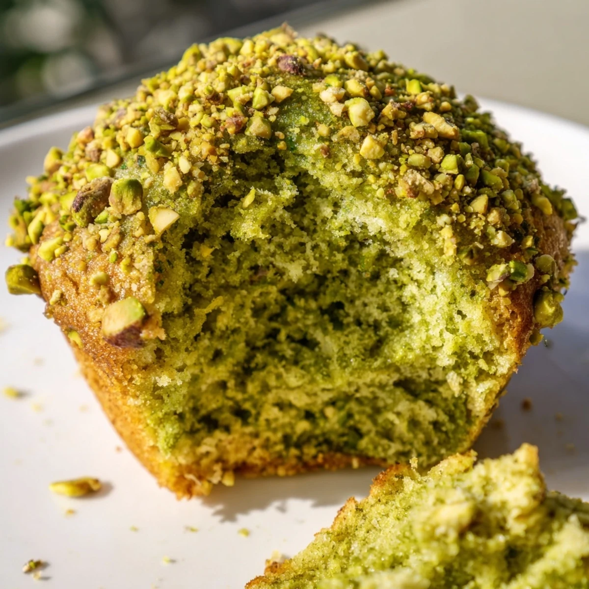 Golden-brown Green Pistachio Muffins with crumbly tops and moist interiors displayed in a muffin tin.