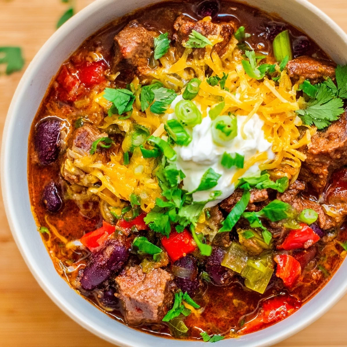 A steaming bowl of End Zone Spicy Beef Chili topped with shredded cheddar, sour cream, and fresh green onions.