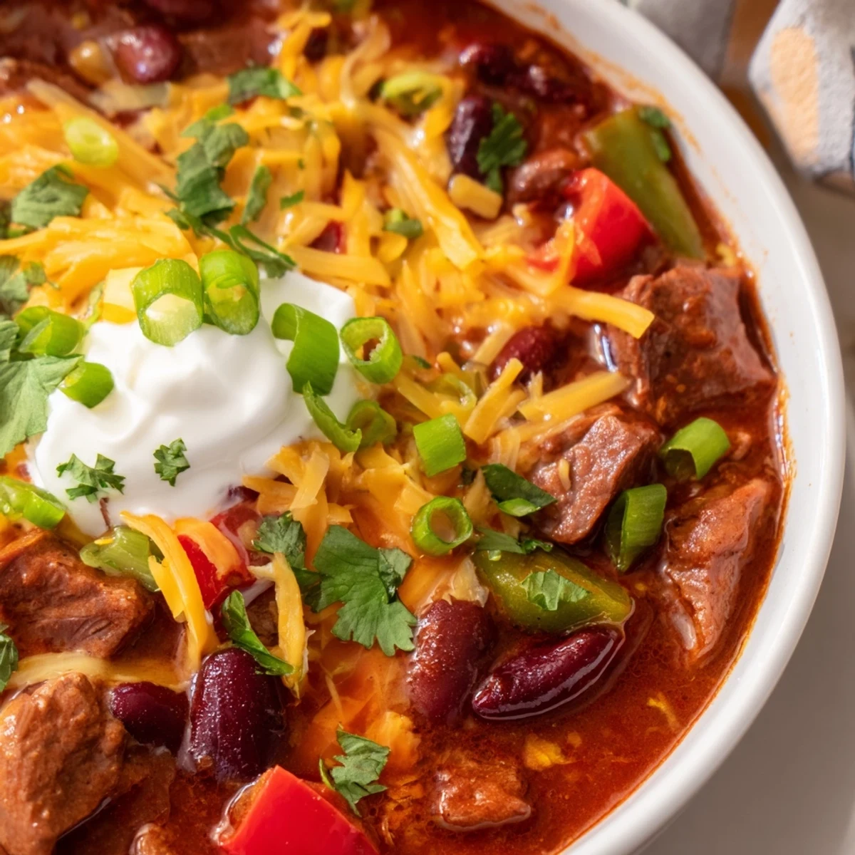 Hearty End Zone Spicy Beef Chili simmering in a pot, showcasing tender beef chunks, beans, and peppers.