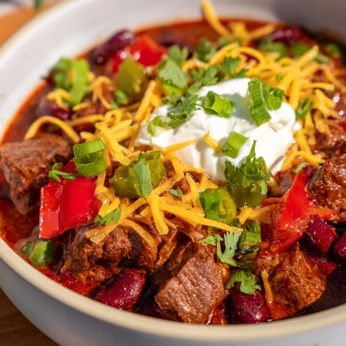 A bold serving of End Zone Spicy Beef Chili in a rustic bowl, garnished with cilantro and lime.