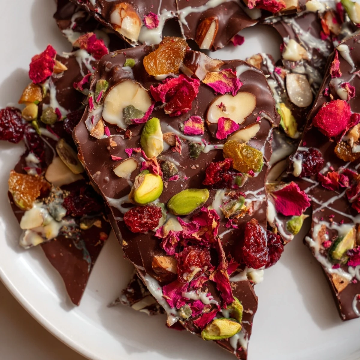 A close-up of Valentine Chocolate Bark studded with cranberries, apricots, pistachios, and almonds on a parchment-lined tray.  