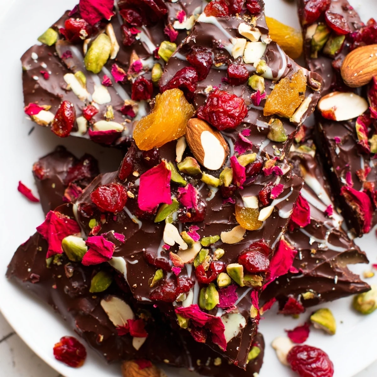 Vibrant Valentine Chocolate Bark pieces topped with rose petals and berries, beautifully arranged for a festive holiday dessert platter.