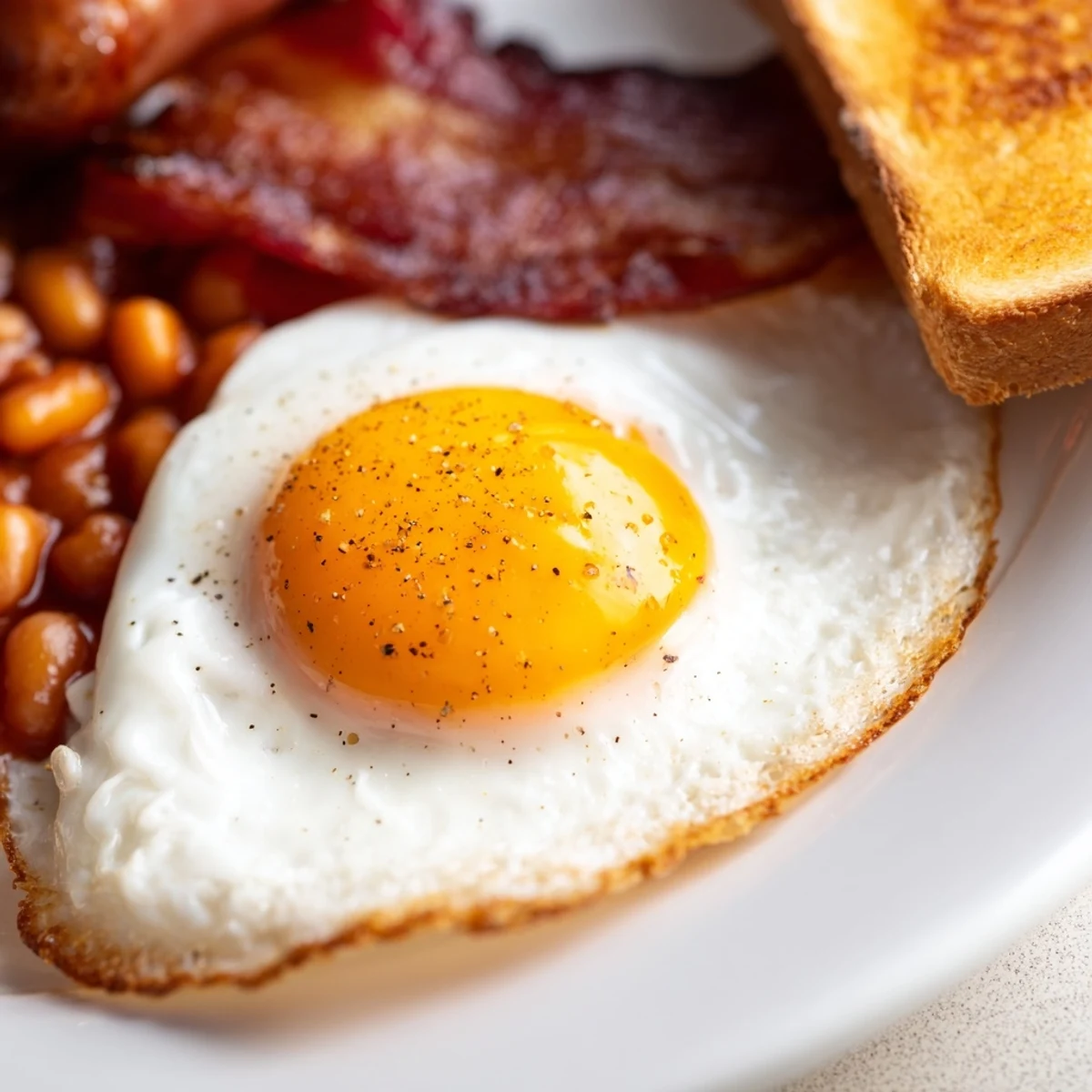Close-up of a sizzling Traditional Irish Breakfast featuring fried eggs, savory meats, and golden toast ready to enjoy.