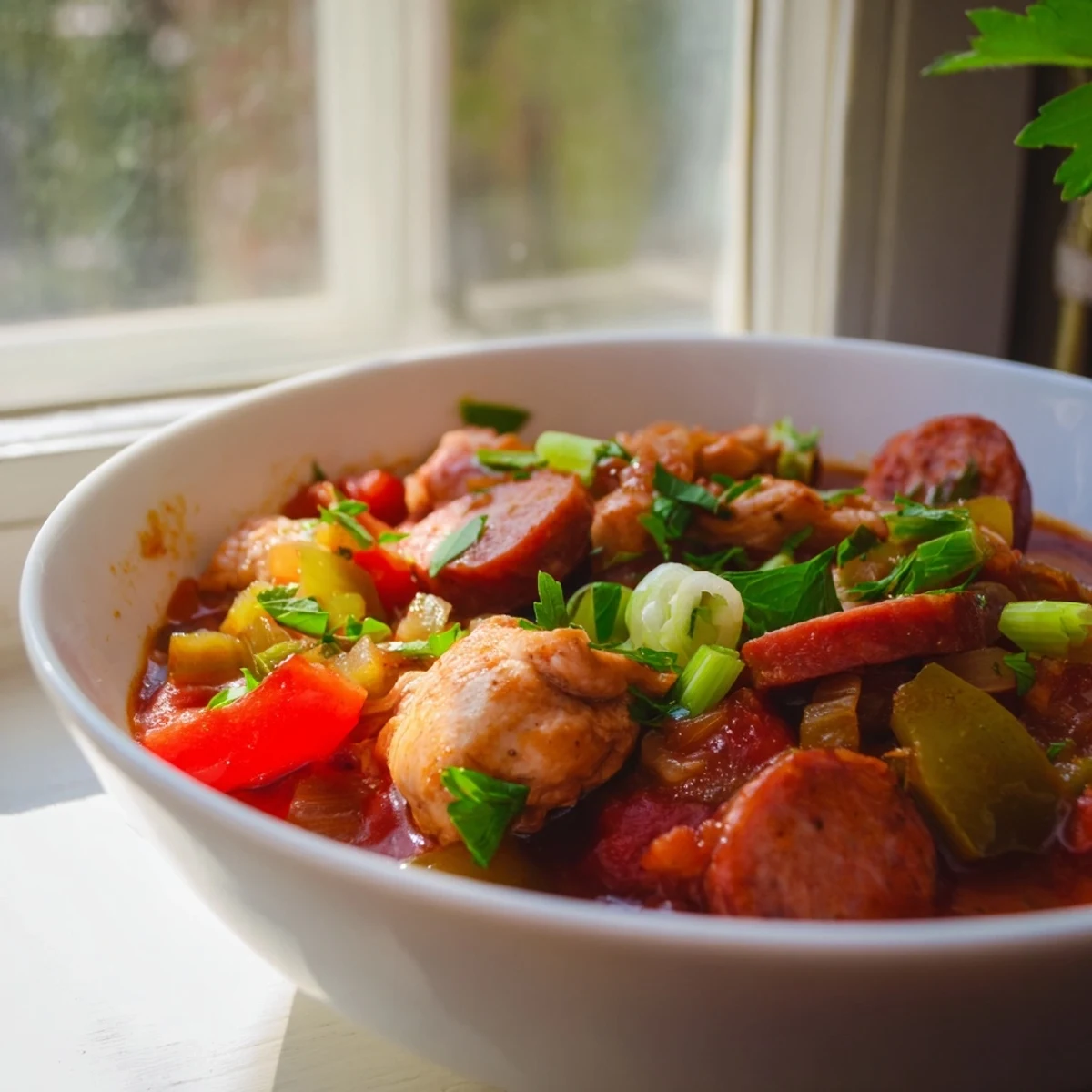 Close-up view of Creole Chicken and Sausage Stew in a rustic pot, featuring colorful peppers and tomatoes.