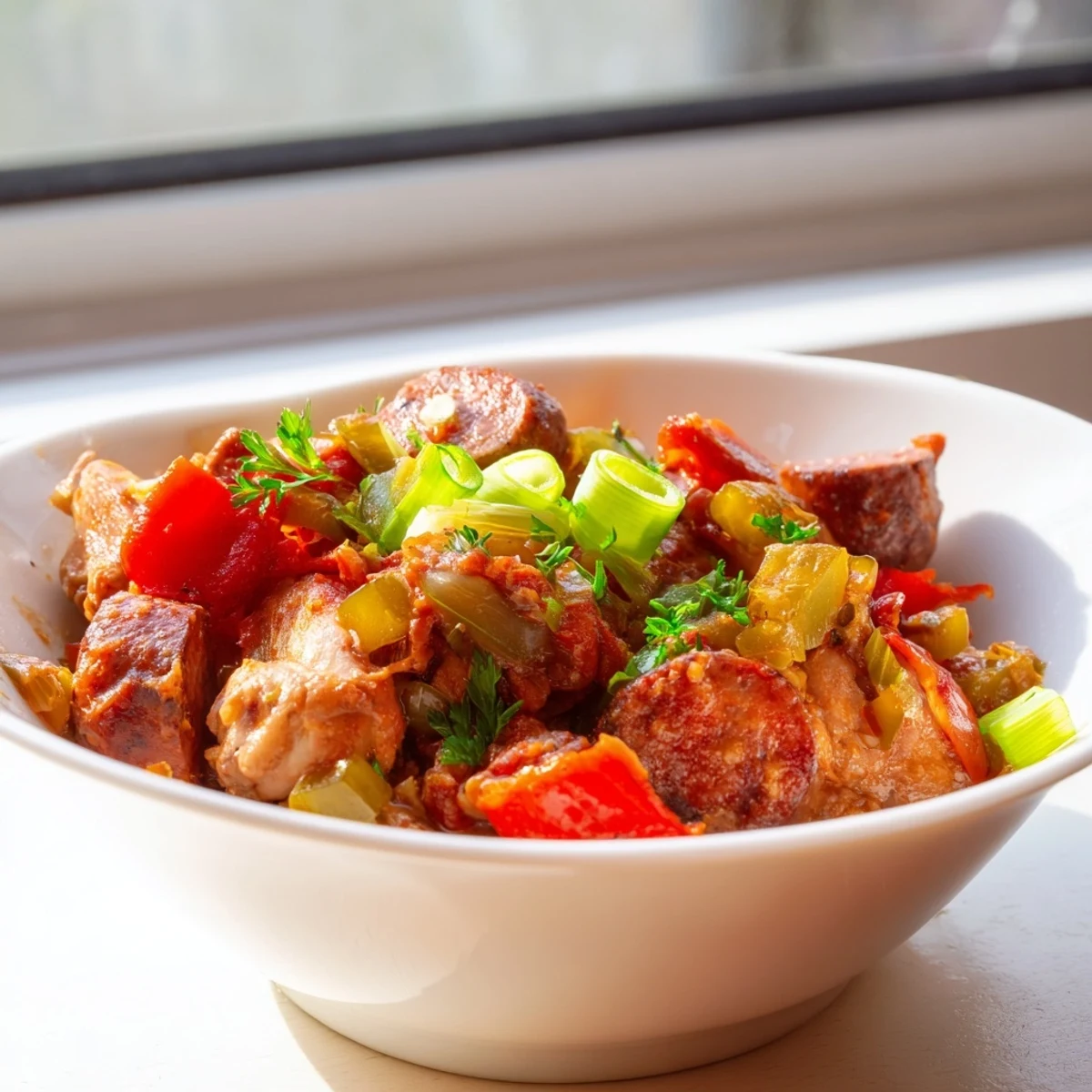 Steam rises from tender chicken and spicy sausage in this vibrant Creole Chicken and Sausage Stew.  