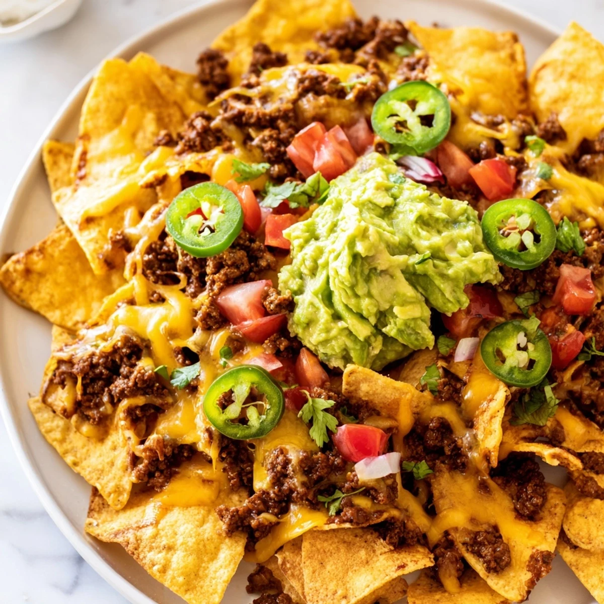 Golden-brown melted cheese blankets seasoned ground beef on crispy tortilla chips, with dollops of fresh guacamole and sour cream added for this irresistible Beef Nachos with Guacamole.  