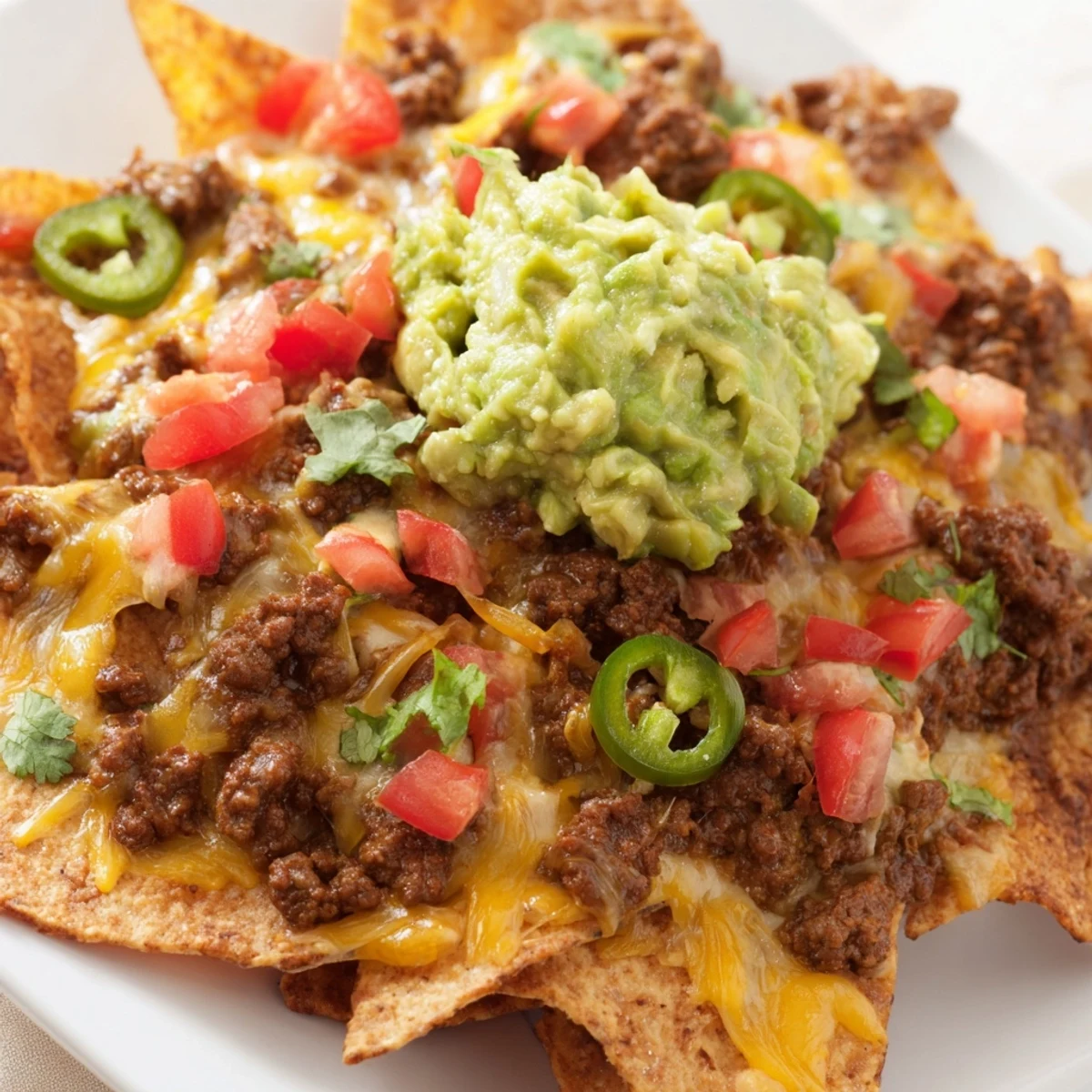 Hearty Beef Nachos with Guacamole feature a platter of toasted chips loaded with savory spiced beef, rich melted cheese, and cool, creamy toppings.