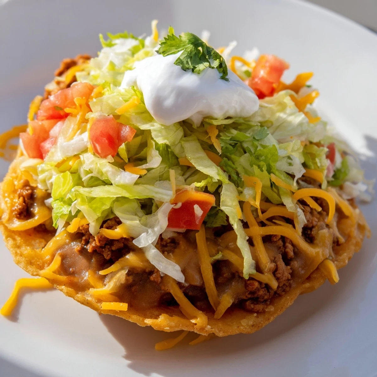 Crispy corn tostadas layered with refried beans, seasoned ground beef, fresh lettuce, and vibrant garnishes like radishes and lime wedges.