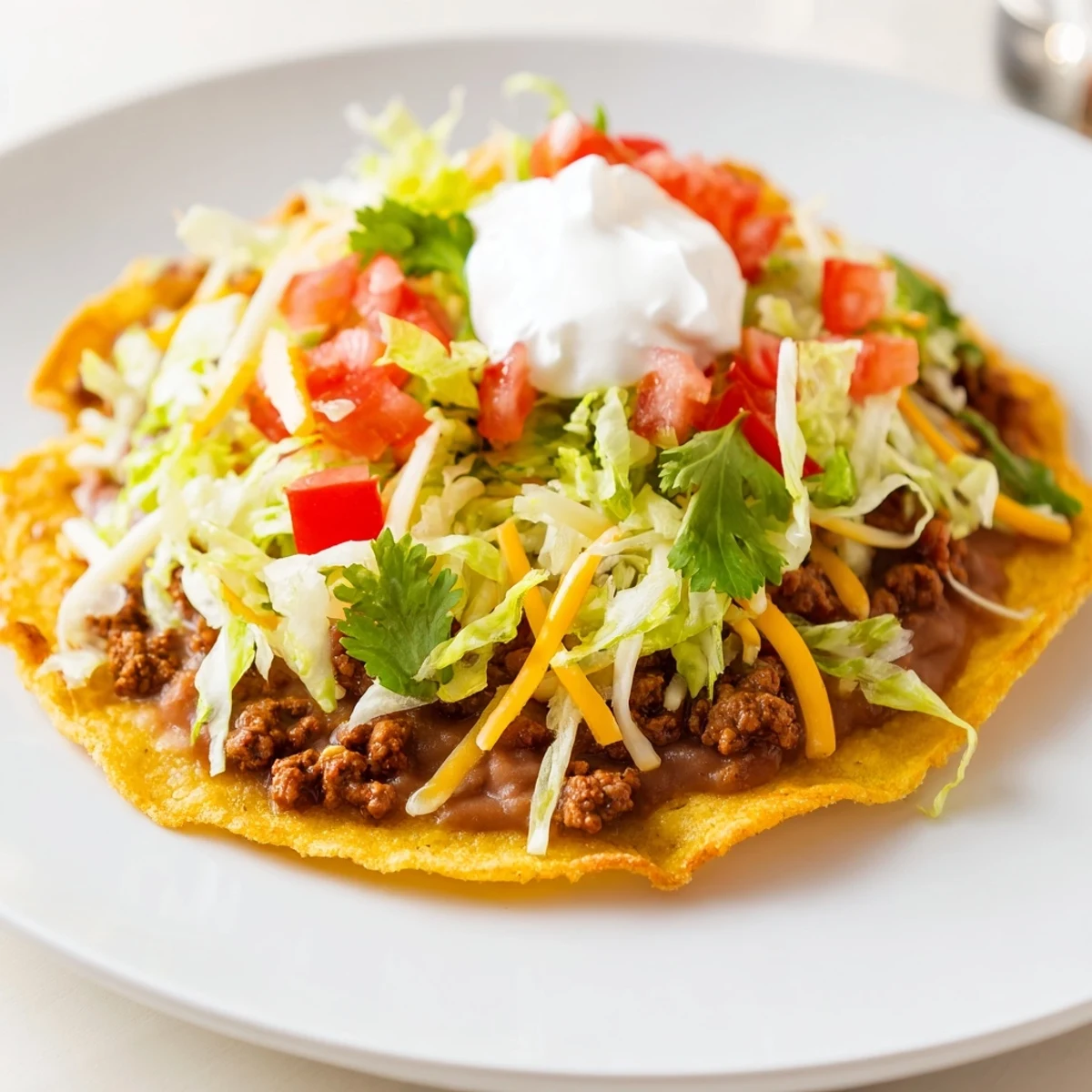 A close-up of hearty beef tostadas topped with creamy refried beans, shredded cheese, diced tomatoes, and cilantro, perfect for a weeknight meal.
