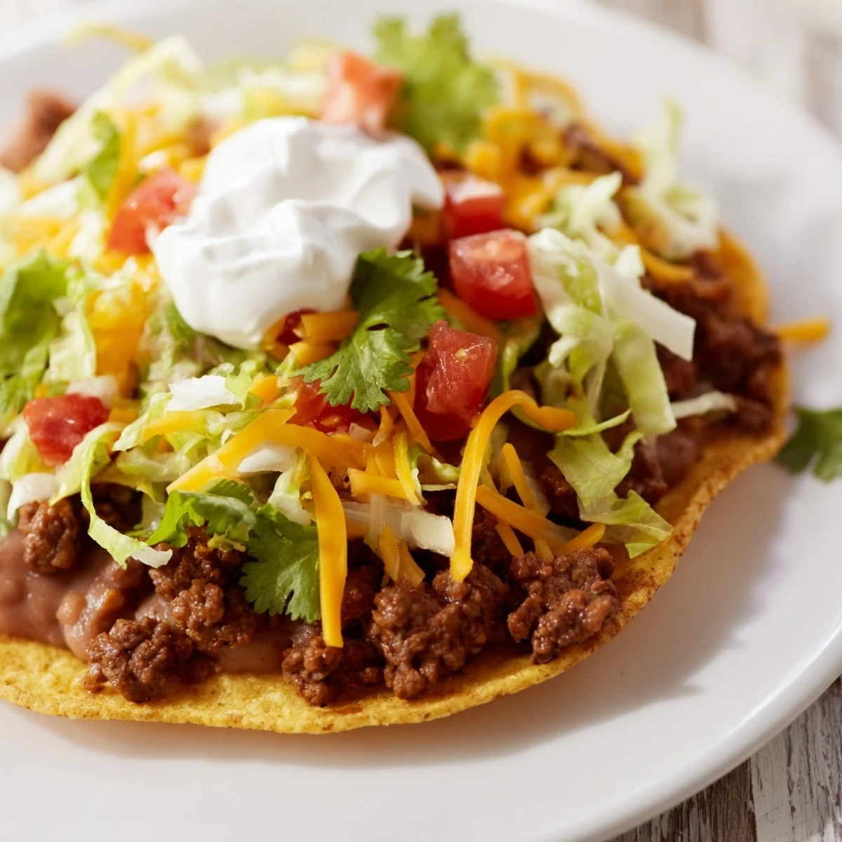 Golden, crunchy tostada shells stacked with savory beef, smooth refried beans, crisp lettuce, and colorful toppings, ready to be enjoyed immediately.