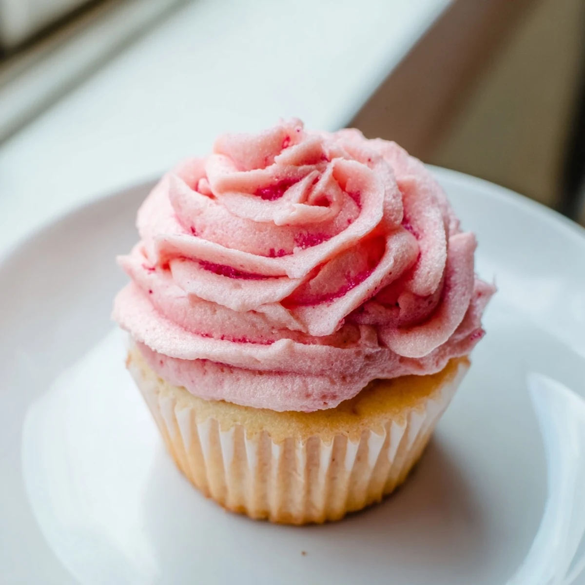 A close-up view of pink frosted Valentine Pink Champagne Cupcakes, garnished with festive sprinkles on a decorative platter.  