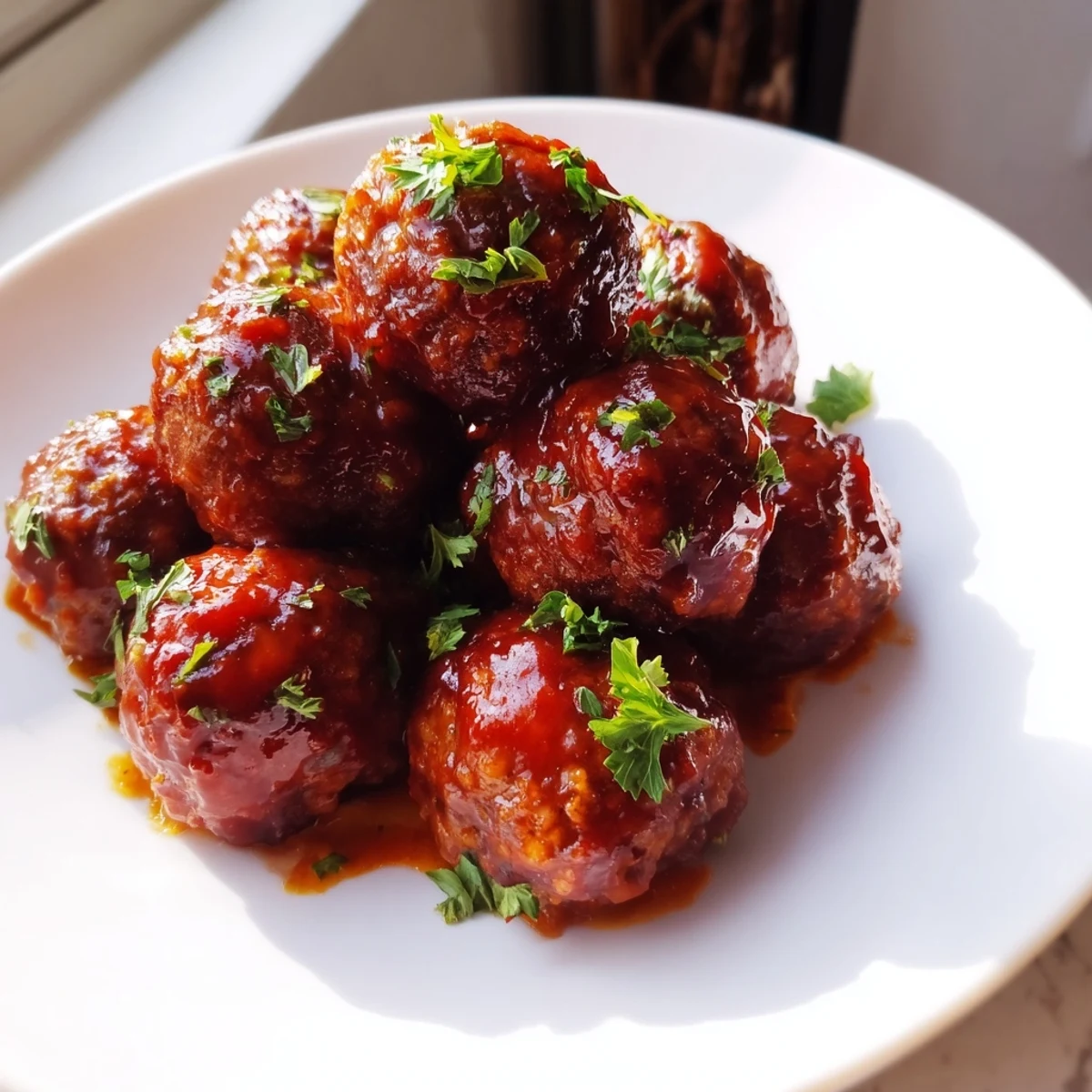 Golden-brown Game Day BBQ Beef Meatballs glistening with tangy barbecue glaze, served hot on a platter for game day gatherings.