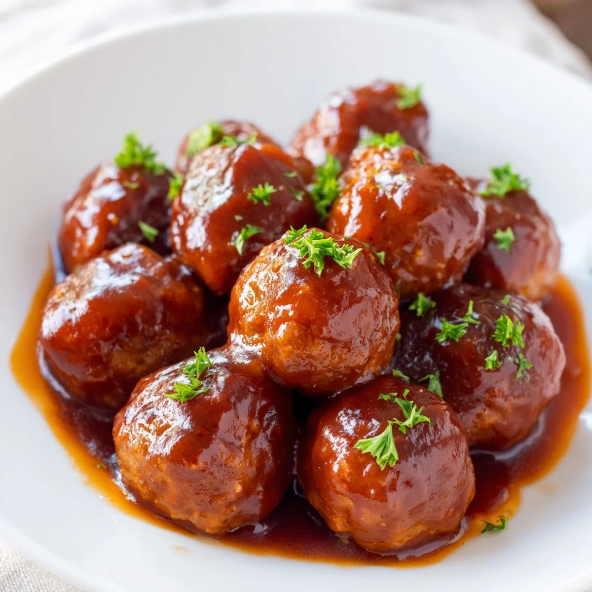 Plump, juicy Game Day BBQ Beef Meatballs simmering in sweet and smoky sauce, ready to be skewered for party appetizers.