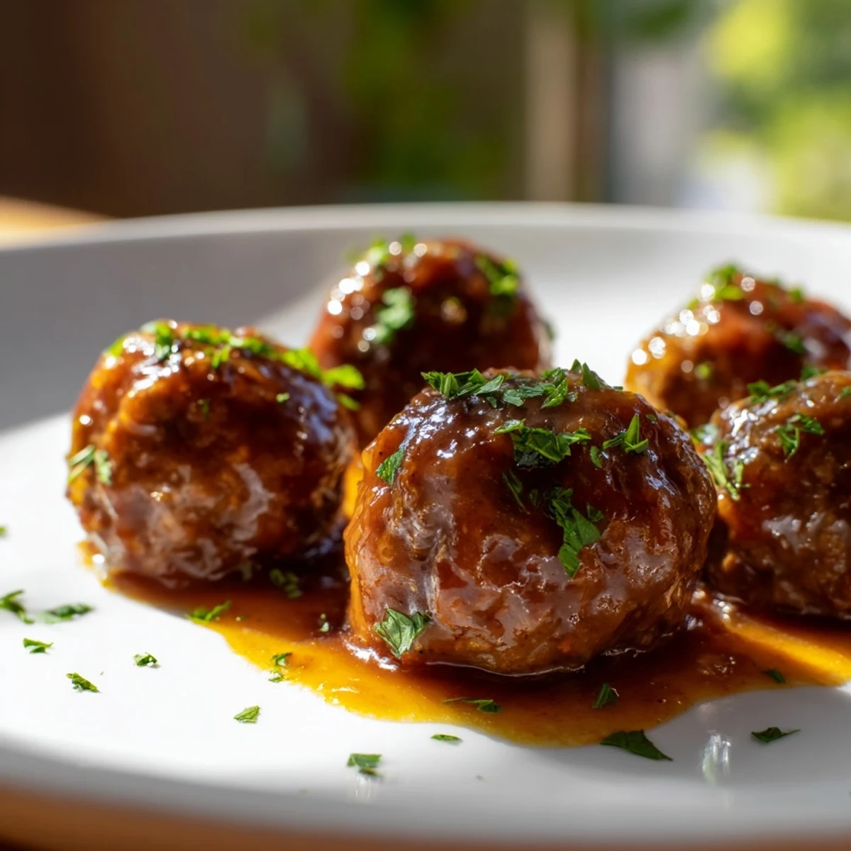 A close-up view of Game Day BBQ Beef Meatballs resting on parchment, garnished with fresh parsley and a side of dipping sauce.