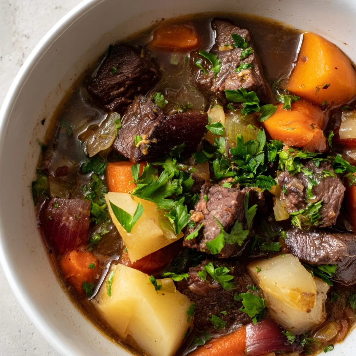 Tender beef cubes and colorful root vegetables simmer in a rich, savory broth in this classic Irish Beef Stew.  