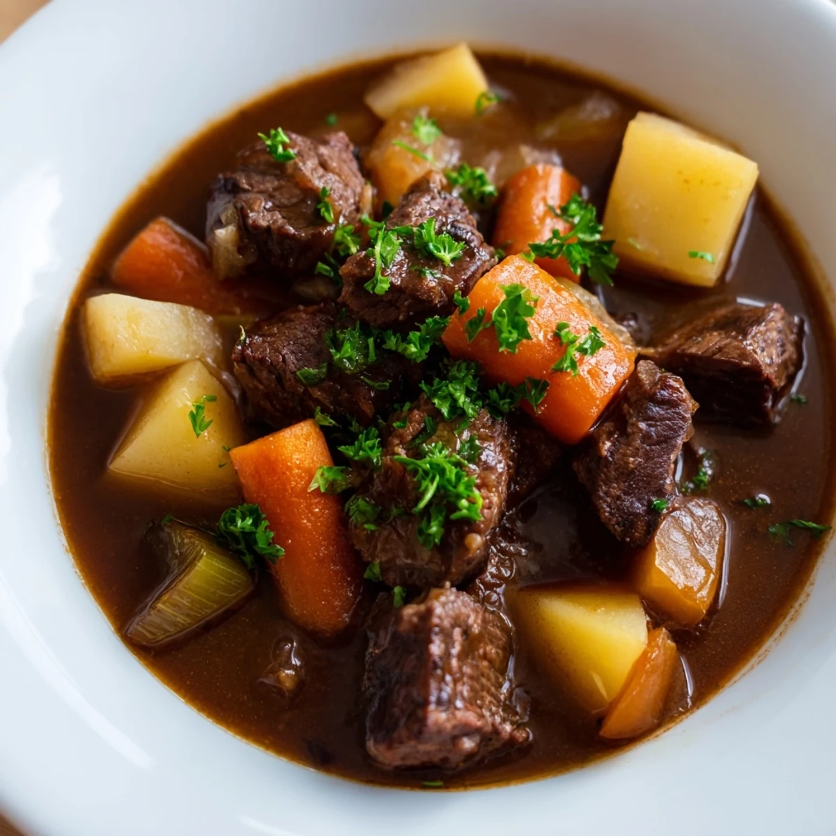 Close-up of Irish Beef Stew with potatoes, carrots, and parsnips in a dark Dutch oven.