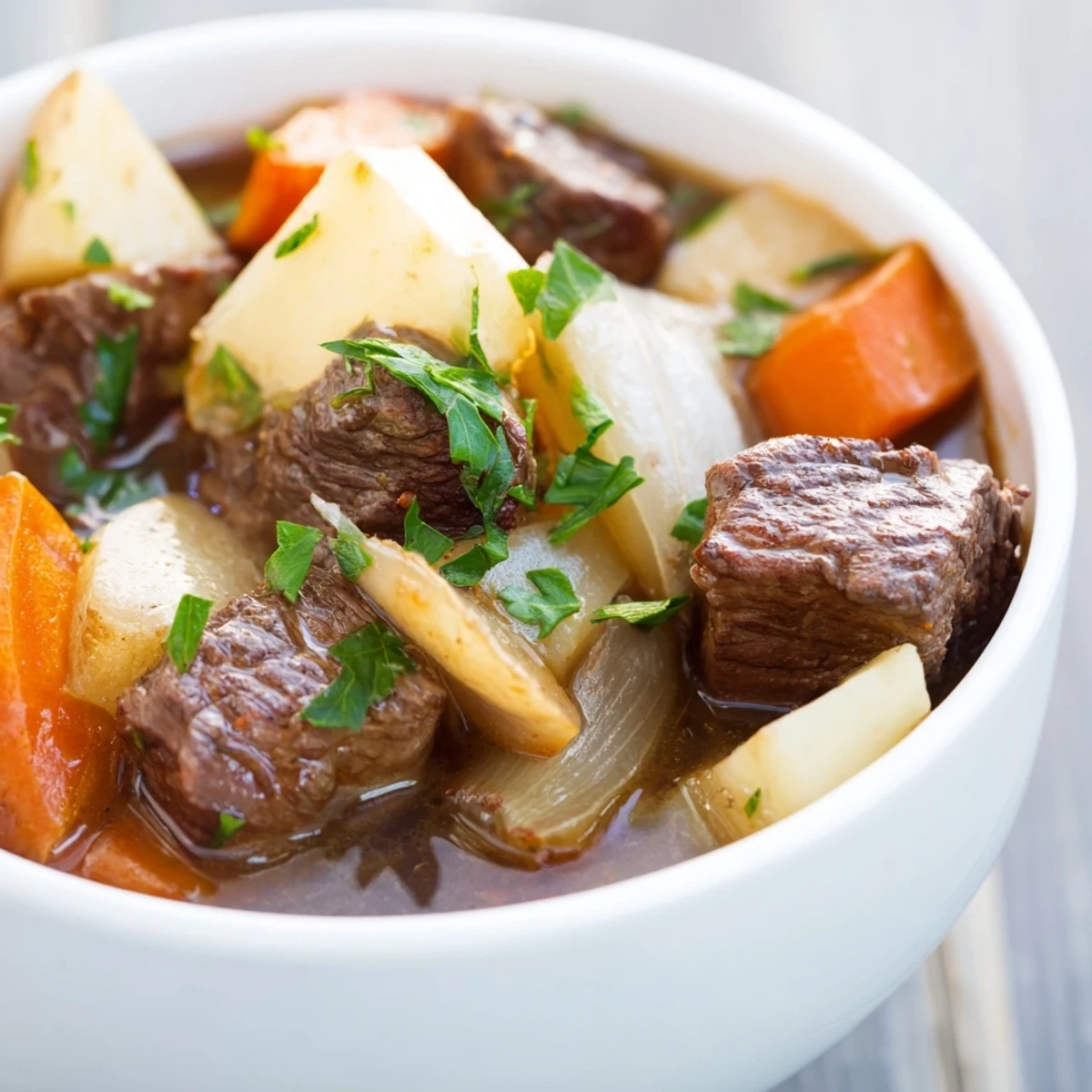 A hearty bowl of Irish Beef Stew garnished with fresh parsley, perfect for a cozy family dinner.  