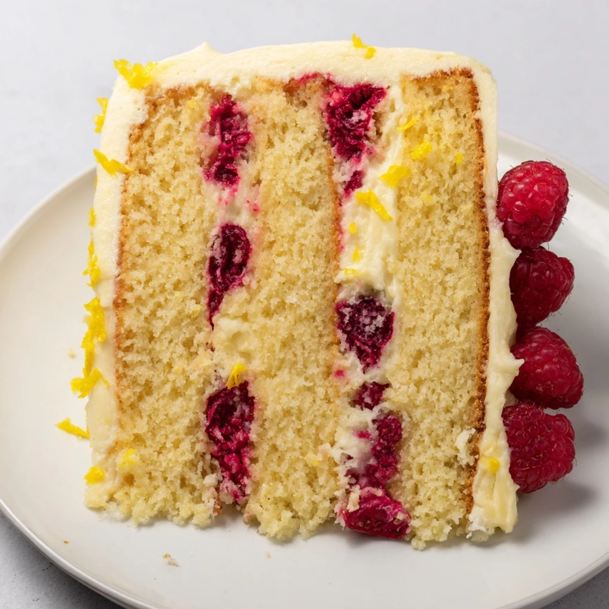 Golden slices of Lemon Raspberry Layer Cake with Frosting showcase fluffy lemon sponge layers sandwiched with vibrant raspberry filling and creamy tangy frosting.