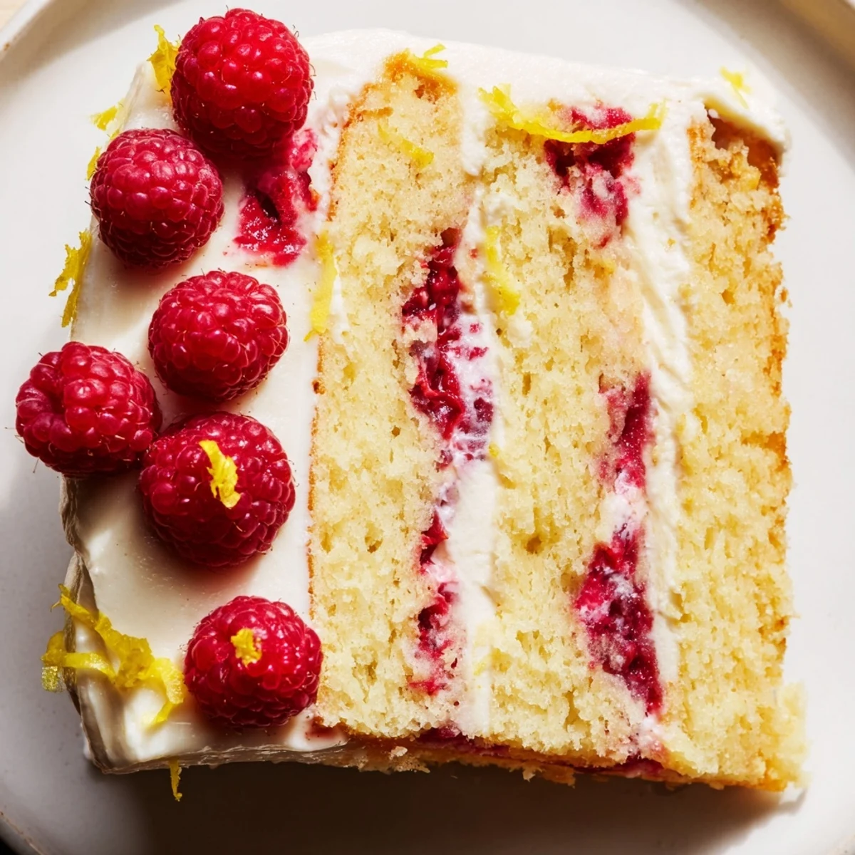 Tall Lemon Raspberry Layer Cake with Frosting layers creamy frosting between tender crumb and a glistening raspberry center, bursting with bright, summery flavor.