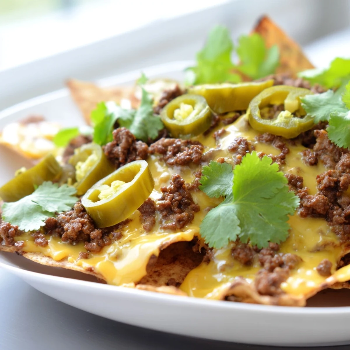 Crispy tortilla chips loaded with seasoned ground beef and melted cheese, topped with fresh tomatoes, jalapeños, and avocado for the ultimate party platter.