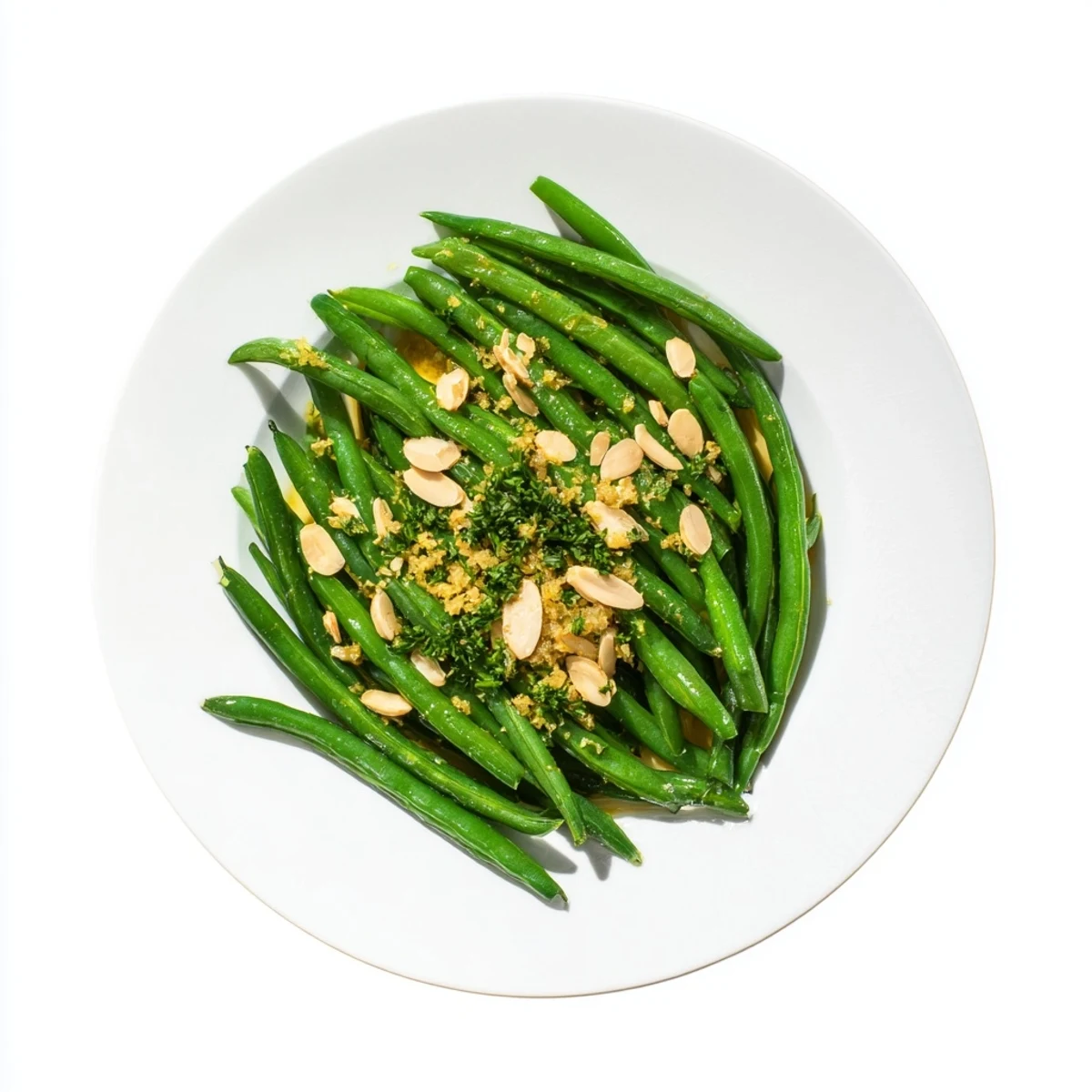 A close-up of crisp-tender lemon green beans garnished with parsley and toasted almonds.  