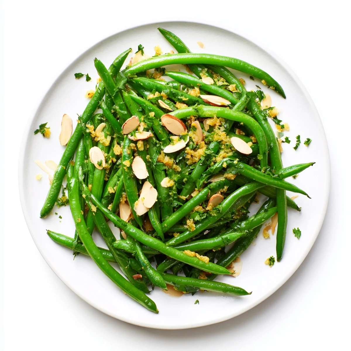 Garlic-infused lemon green beans on a white plate, ready for a healthy side dish.