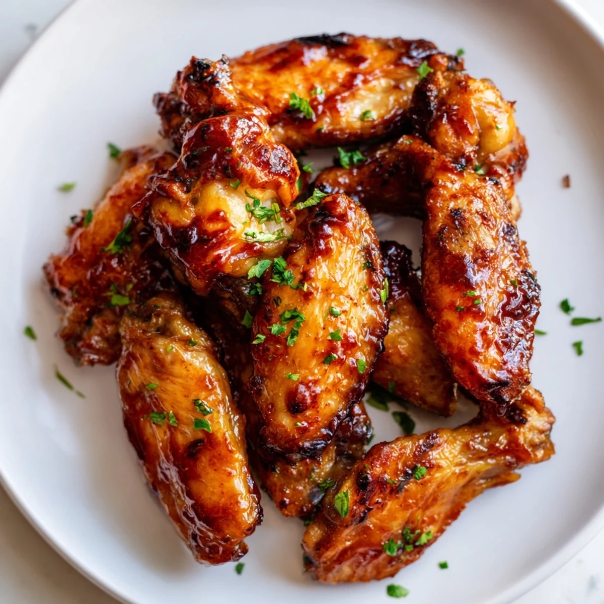 Crispy golden chicken wings tossed in smoky barbecue sauce, served on a platter for a game day appetizer spread.  