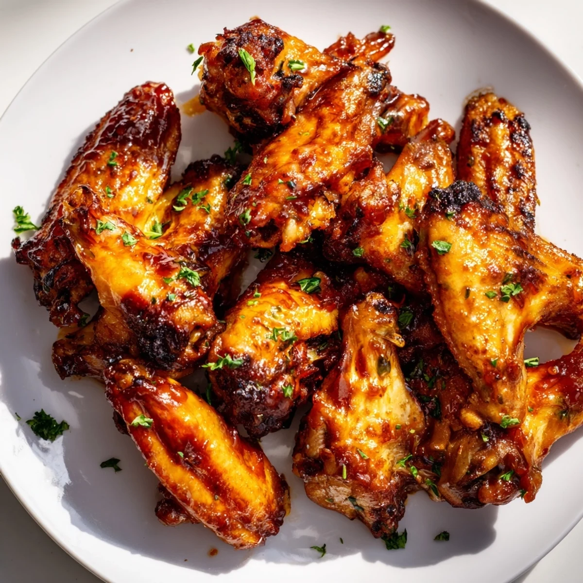 Freshly baked Touchdown Chicken Wings with crispy edges, tossed in tangy barbecue sauce and garnished with green onions.