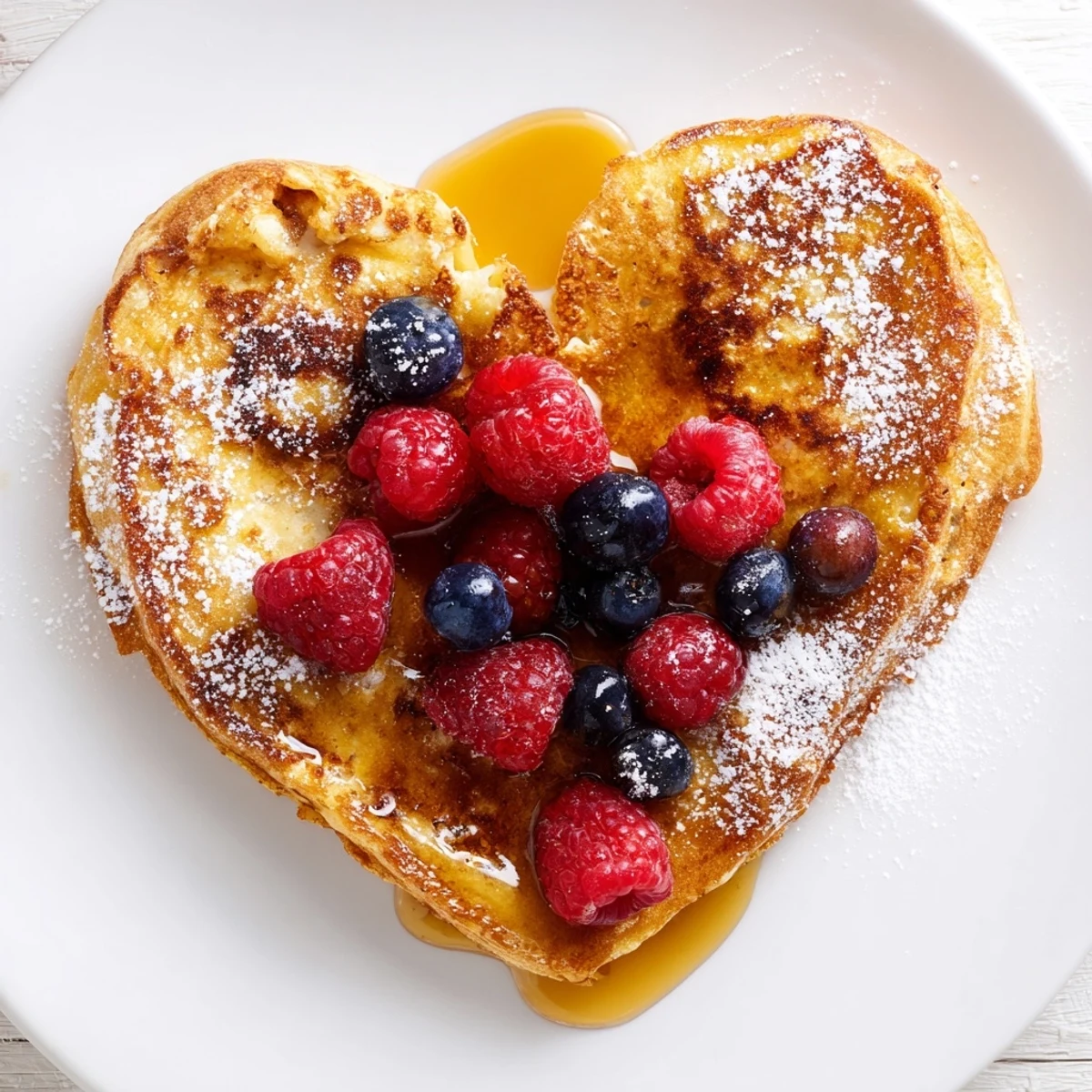 Close-up of fluffy, perfectly cooked heart-shaped pancakes served warm with maple syrup drizzle for a romantic breakfast.