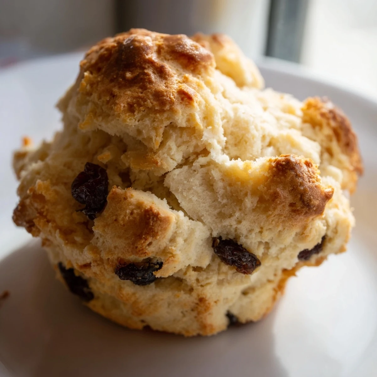 A freshly baked Irish Soda Bread Muffin with a golden, craggy top, speckled with currants and ready to enjoy warm.  